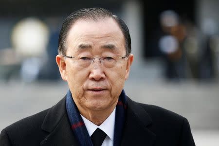 Former U.N. secretary-general Ban Ki-moon leaves after paying a tribute at the natioanl cemetery in Seoul, South Korea, January 13, 2017. REUTERS/Kim Hong-Ji