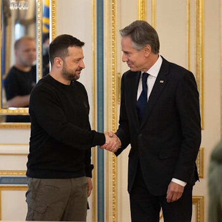 US secretary of state Antony Blinken sshakes hands with Ukrainian president Volodymyr Zelensky in Kyiv, May 14.