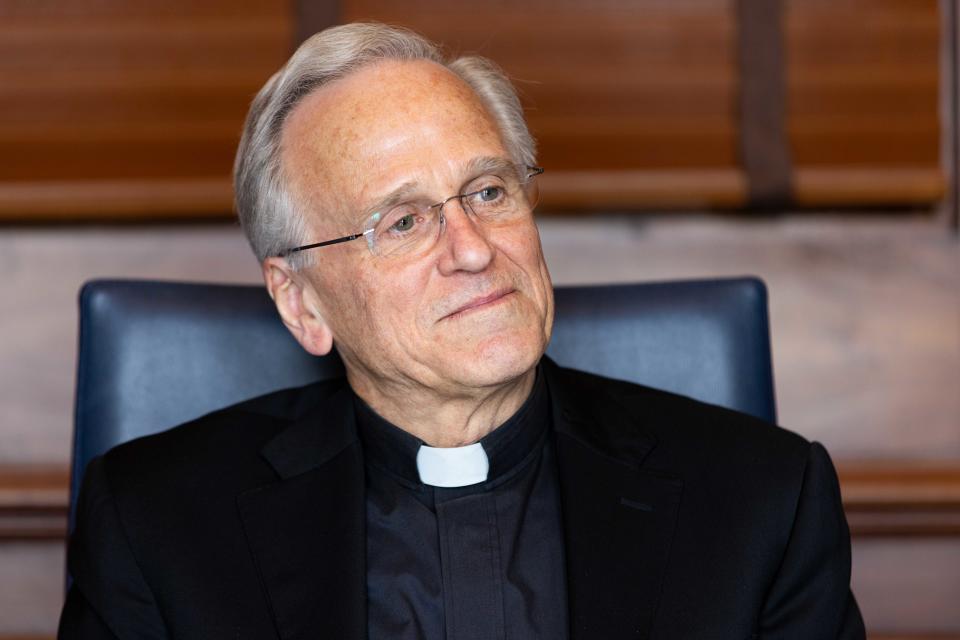 University of Notre Dame president Rev. John I. Jenkins sits for an interview on Thursday, April 25, 2024, at the Main Building on Notre Dame's campus.