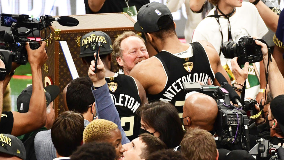 Mike Budenholzer and Giannis Antetokounmpo, pictured here after the Bucks secured their first NBA Championship in 50 years.