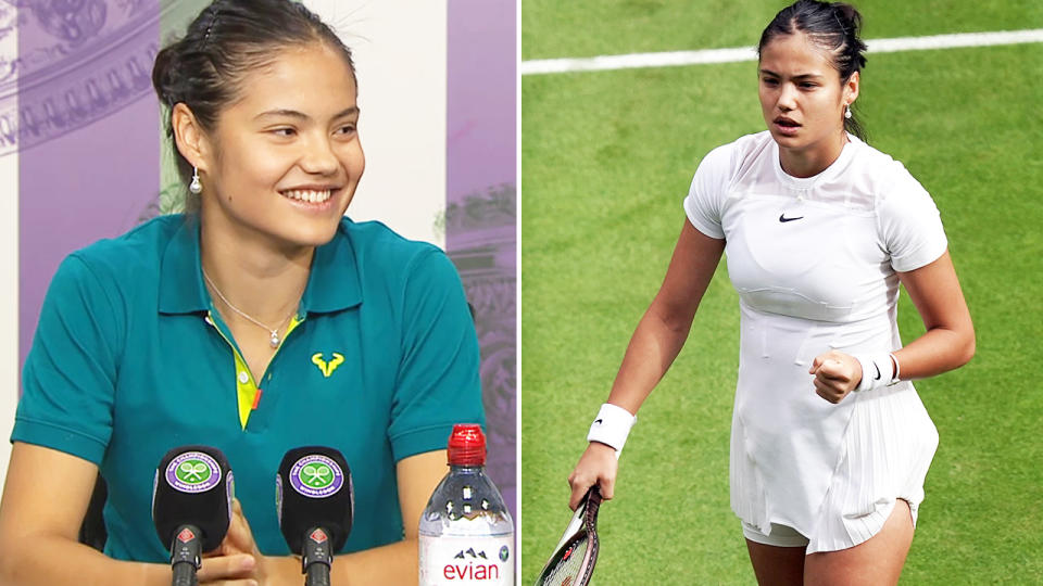 Emma Raducanu, pictured here wearing a Rafa Nadal shirt to her post-match press conference at Wimbledon.