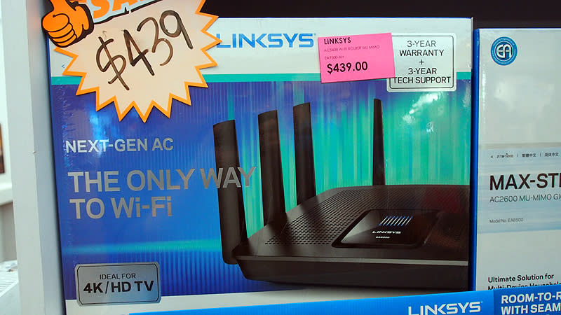 The Linksys EA9500 is an AC5400 tri-band router that broadcasts two separate 5GHz networks and one 2.4GHz with a total throughput of 5334Mbps (2167Mbps on both 5GHz bands and 1000Mbps on the 2.4GHz band). It’s going at S$439 (U.P. S$539). It’s at Suntec L3 (Booth 307) and Hall 602 (Booth 6135).