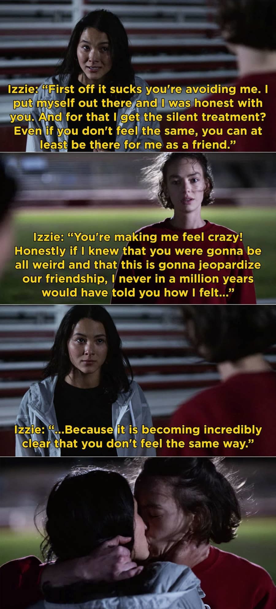 Izzie rants that she never would have told Casey how she felt if she knew it was going to ruin their friendship and that Casey obviously doesn't feel the same way, Casey kisses her