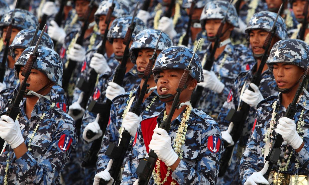 <span>Military officers on Armed Forces Day in Naypyitaw, Myanmar, 27 March 2023. Many in Myanmar have expressed alarm at the conscription law. </span><span>Photograph: Aung Shine Oo/AP</span>