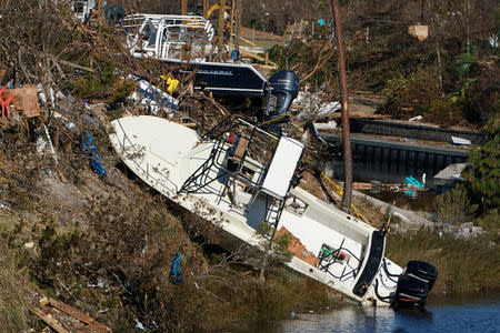 A destroyed boat is pictured following Hurricane Michael in Mexico Beach, Florida, U.S., October 13, 2018. REUTERS/Carlo Allegri