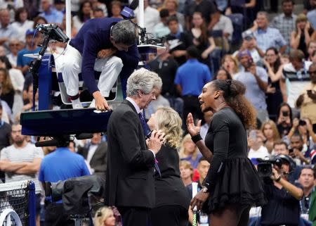 Sept 8, 2018; New York, NY, USA; Serena Williams of the USA argues with tournament director Brian Earley and chair umpire Carlos Ramos while playing Naomi Osaka of Japan in the women’s final on day thirteen of the 2018 U.S. Open tennis tournament at USTA Billie Jean King National Tennis Center. Mandatory Credit: Robert Deutsch-USA TODAY Sports
