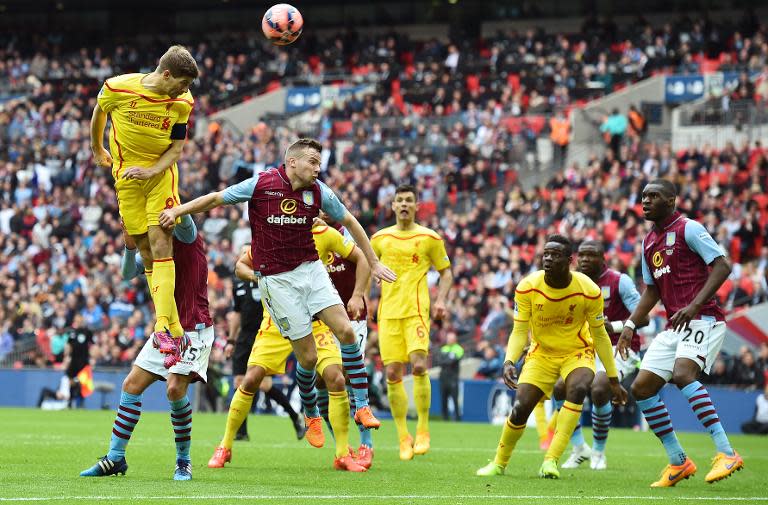 Liverpool's midfielder Steven Gerrard heads towards the goal during the FA Cup semi-final between Aston Villa and Liverpool at Wembley stadium in London on April 19, 2015