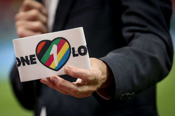 One Love bracelet pictured ahead of a soccer game between Belgium's national team the Red Devils and Canada, in Group F of the FIFA 2022 World Cup