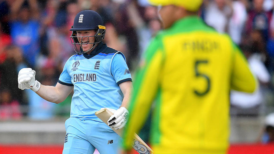 Eoin Morgan celebrates as he scores the winning runs against Australia. (Photo by Clive Mason/Getty Images)