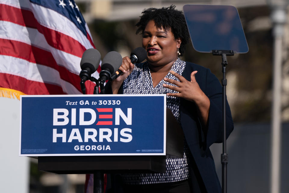 Stacey Abrams speaks at a Get Out the Vote rally for Joe Biden on November 2, 2020, in Atlanta, Georgia. (Elijah Nouvelage/AFP via Getty Images)