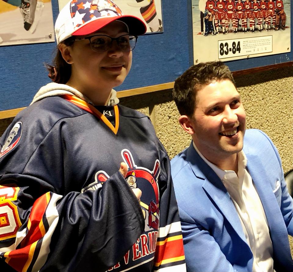 Former Peoria Rivermen and NHL goaltender Ben Bishop signed autographs and took pictures with fans on a night when he was inducted into the Rivermen Hall of Fame during Peoria's victory over first-place Birmingham on Saturday at Carver Arena.