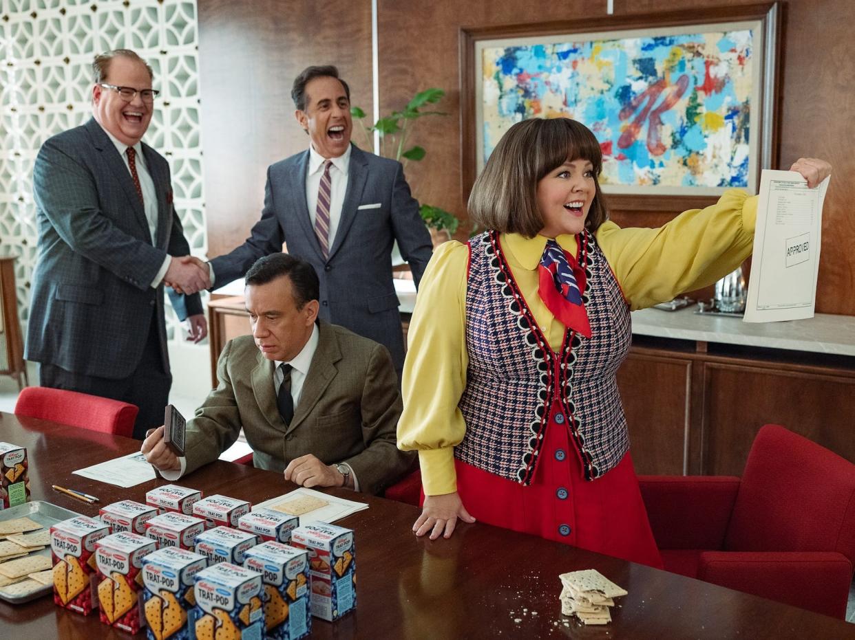 Jim Gaffigan as Edsel Kellogg III, Jerry Seinfeld as Bob Cabana, Fred Armisen as Mike Puntz, and Melissa McCarthy as Donna Stankowski in "Unfrosted: The Pop-Tart Story."