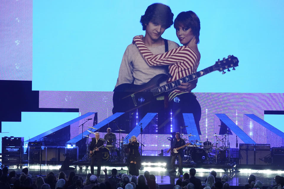 Inductees Neil Giraldo, left, and Pat Benatar perform during the Rock & Roll Hall of Fame Induction Ceremony on Saturday, Nov. 5, 2022, at the Microsoft Theater in Los Angeles. (AP Photo/Chris Pizzello)