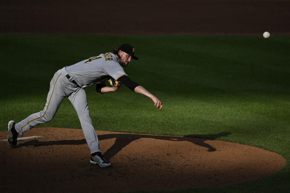 Pittsburgh Pirates starting pitcher JT Brubaker throws during the third inning of the team's baseball game against the Baltimore Orioles, Saturday, Aug 6, 2022, in Baltimore. (AP Photo/Terrance Williams)