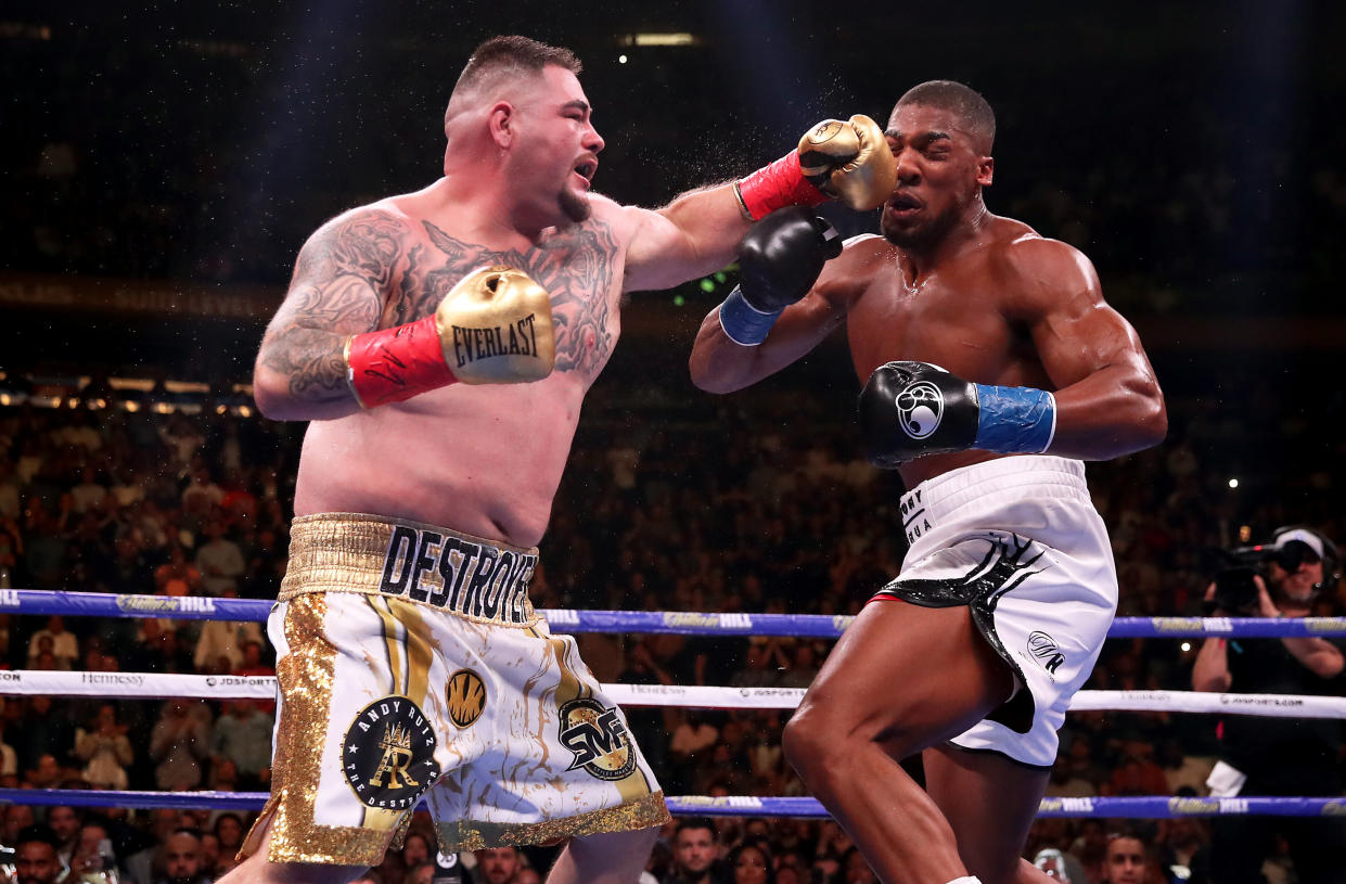 Anthony Joshua (right) in action against Andy Ruiz Jr in the WBA, IBF, WBO and IBO Heavyweight World Championships title fight at Madison Square Garden, New York. (Photo by Nick Potts/PA Images via Getty Images)
