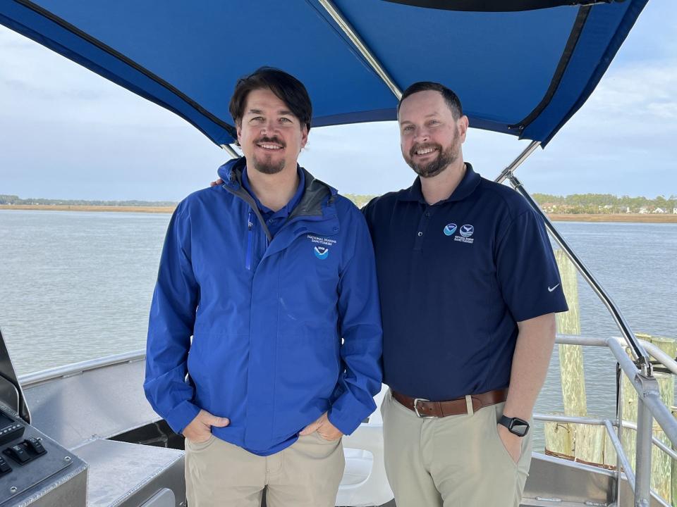 John Armor, director of the National Oceanic and Atmospheric Agency Office of National Marine Sanctuaries, and Gray’s Reef National Marine Sanctuary Superintendent Stan Rogers aboard the research vessel Gannet.