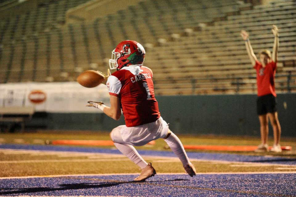 Sonora's Jackson Carroll catches a touchdown pass at the Big Country FCA All-Star Game.