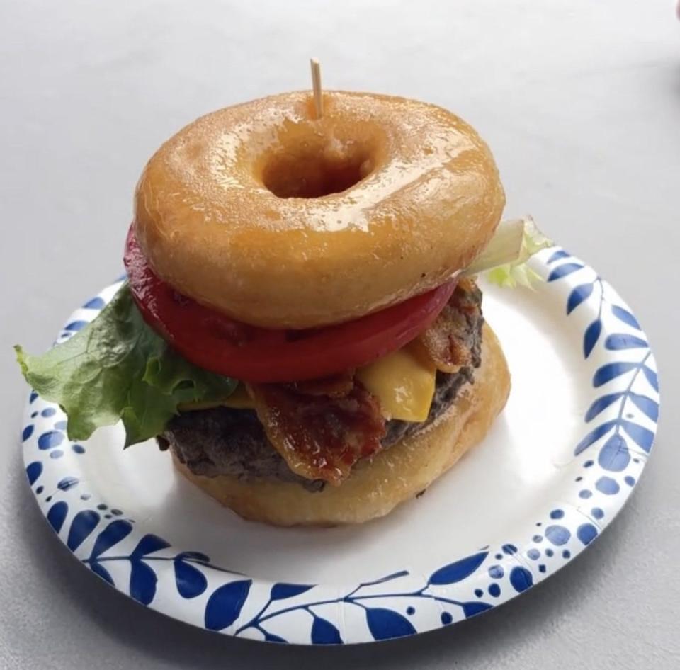 A doughnut burger from Bucket O Fries at the Delaware State Fair on July 20, 2023.