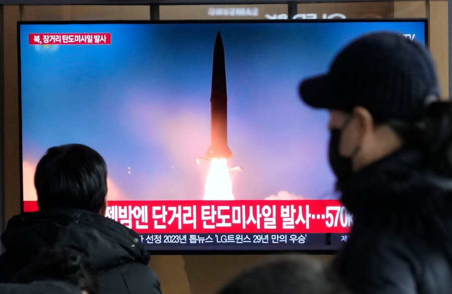 A TV screen shows a file image of North Korea’s missile launch during a news program at the Seoul Railway Station in Seoul, South Korea, Monday, Dec. 18, 2023. North Korea fired an intercontinental ballistic missile into the sea Monday in a resumption of its high-profile weapons testing activities, its neighbors said, as the North vows strong responses against U.S. and South Korean moves to boost their nuclear deterrence plans. (AP Photo/Ahn Young-joon)