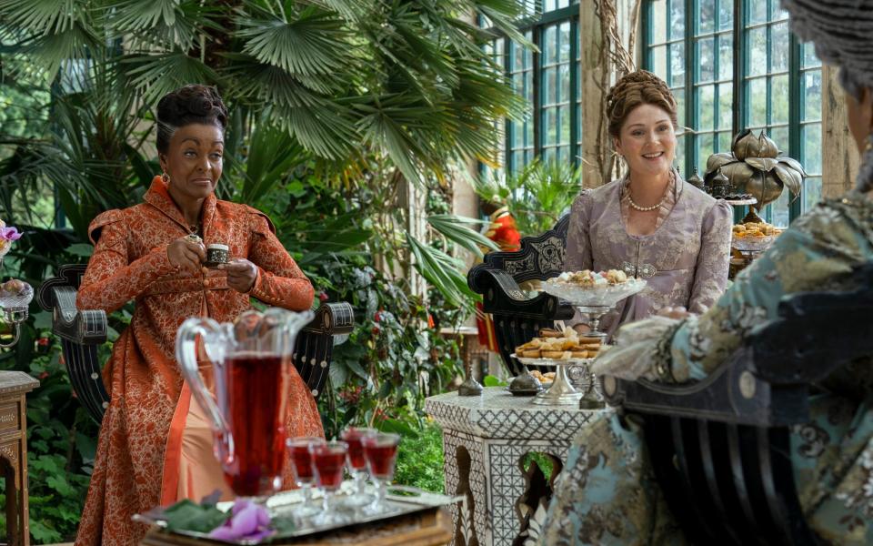 Adjoa Andoh as Lady Agatha Danbury, Ruth Gemmell as Lady Violet Bridgerton in episode 102 of Queen Charlotte: A Bridgerton Story - Nick Wall/Netflix
