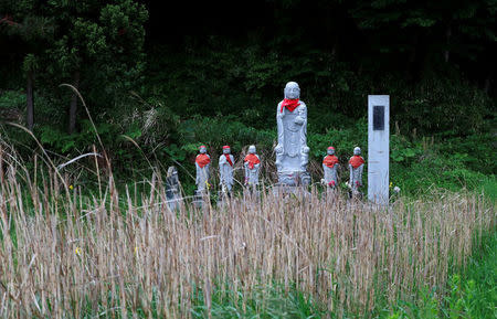 Stone statues of Jizo to mourn for the victims of the March 11, 2011 earthquake and tsunami, are seen at an area devastated by the disaster in Namie town, near Tokyo Electric Power Co's (TEPCO) tsunami-crippled Fukushima Daiichi nuclear power plant, Fukushima prefecture, Japan May 18, 2018. Picture taken May 18, 2018. REUTERS/Toru Hanai