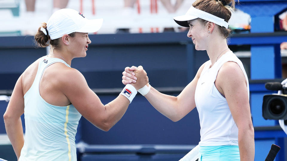 Ash Barty and Elina Svitolina, pictured here after their Miami Open semi-final.