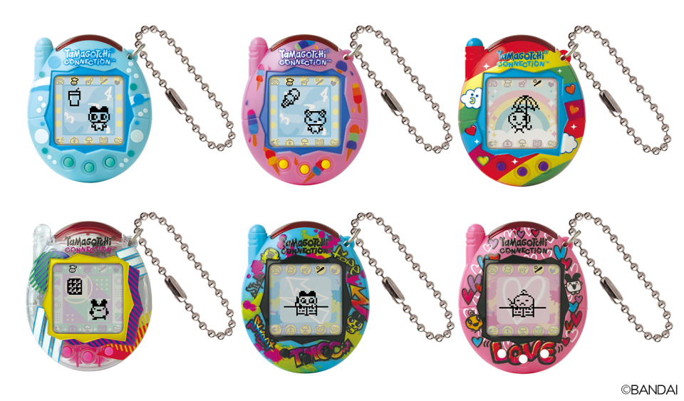 Tamagotchi Connection pictured in six colors: Bubbles (light blue), Ice Cream (pink), Rainbow Sky, the multicolored Clear Retro, and Blue and Pink Graffiti