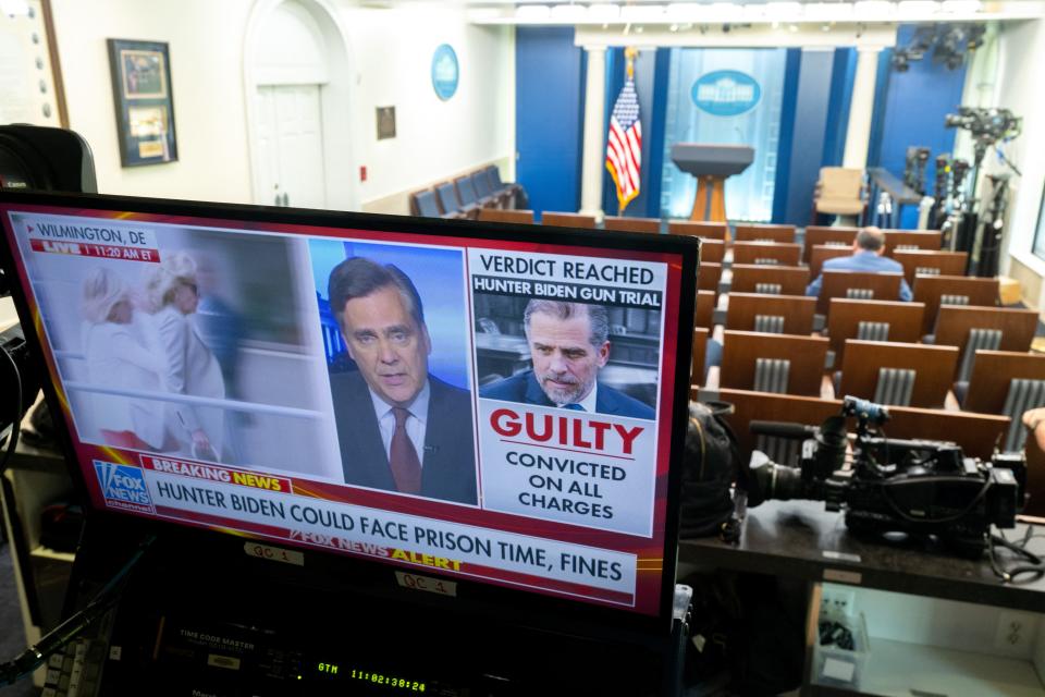 A television monitor shows the verdict in the Hunter Biden trial in the Brady Press Briefing Room of the White House in Washington, DC, June 11, 2024. A jury found Hunter Biden guilty on June 11 on federal gun charges in a historic first criminal prosecution of the child of a sitting US president. The 54-year-old son of President Joe Biden was convicted on all three of the federal charges facing him, CNN and other US media reported. (Photo by SAUL LOEB / AFP) (Photo by SAUL LOEB/AFP via Getty Images)