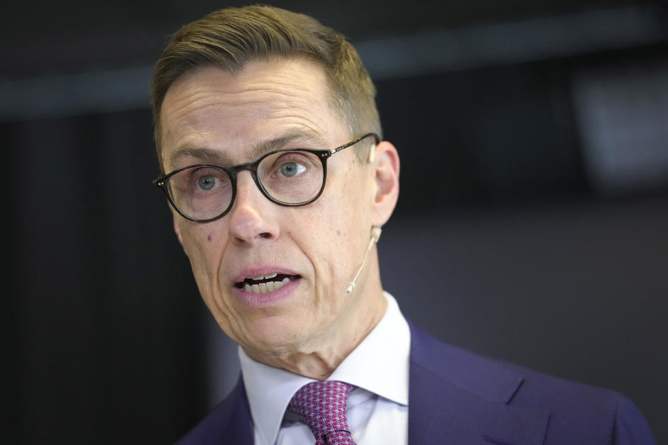 President elect Alexander Stubb speaks during news conference in Helsinki, Finland, Monday, Feb. 12, 2024. The final tally shows Stubb, of the center-right National Coalition Party, had 51.6% of the votes, while independent candidate and former Foreign Minister Pekka Haavisto from the green left got 48.4% of the votes. The two were the contenders in the second round of the election. (AP Photo/Sergei Grits)