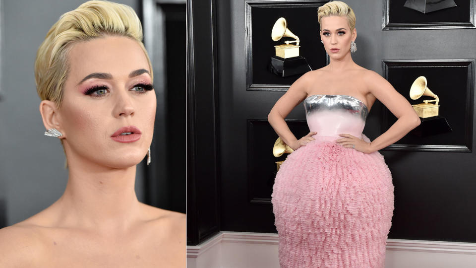 Katy Perry’s Grammy’s look served soft pink pastel eyes. Photo: Getty