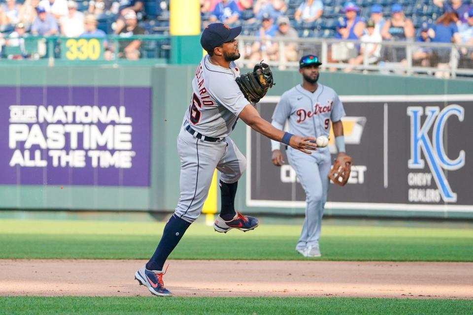 Detroit Tigers third baseman Jeimer Candelario (46) fields a ground ball and throws to first base in the third inning against the Kansas City Royals at Kauffman Stadium on July 24, 2021.