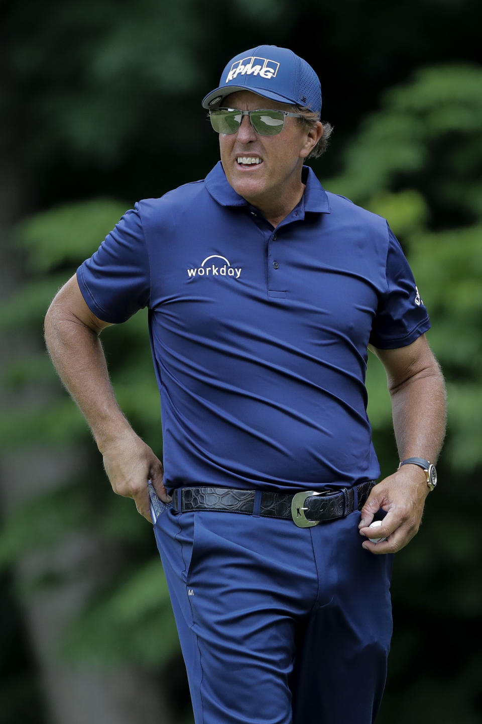 Phil Mickelson looks on after putting on the 14th green during the second round of the Travelers Championship golf tournament at TPC River Highlands, Friday, June 26, 2020, in Cromwell, Conn. (AP Photo/Frank Franklin II)