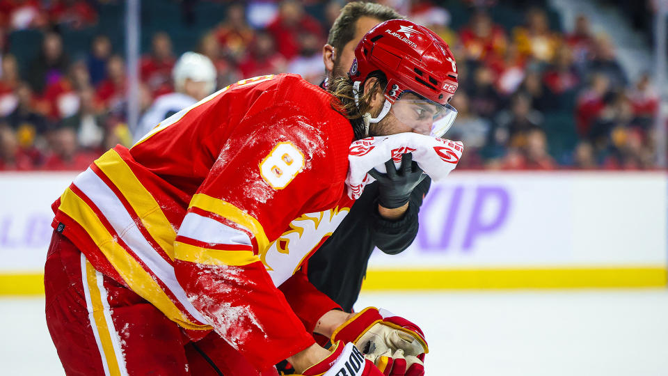 Flames defenseman Chris Tanev left Monday's win over the Golden Knights after taking a shot to the face. (Sergei Belski-USA TODAY Sports)