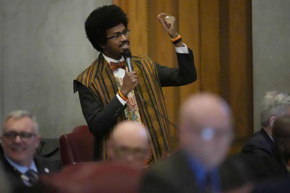 Rep. Justin J. Pearson, D-Memphis, speaks from the House floor during a legislative session Monday, Feb. 26, 2024, in Nashville, Tenn. (AP Photo/George Walker IV)
