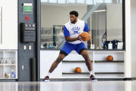 Philadelphia 76ers' Joel Embiid practices at the NBA basketball team's facility, in Camden, N.J., Tuesday, March 1, 2022. (AP Photo/Matt Rourke)