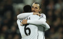 <p>Britain Football Soccer – West Ham United v Manchester United – Premier League – London Stadium – 2/1/17 Manchester United’s Zlatan Ibrahimovic celebrates scoring their second goal with Paul Pogba Action Images via Reuters / John Sibley Livepic EDITORIAL USE ONLY. No use with unauthorized audio, video, data, fixture lists, club/league logos or “live” services. Online in-match use limited to 45 images, no video emulation. No use in betting, games or single club/league/player publications. Please contact your account representative for further details. </p>