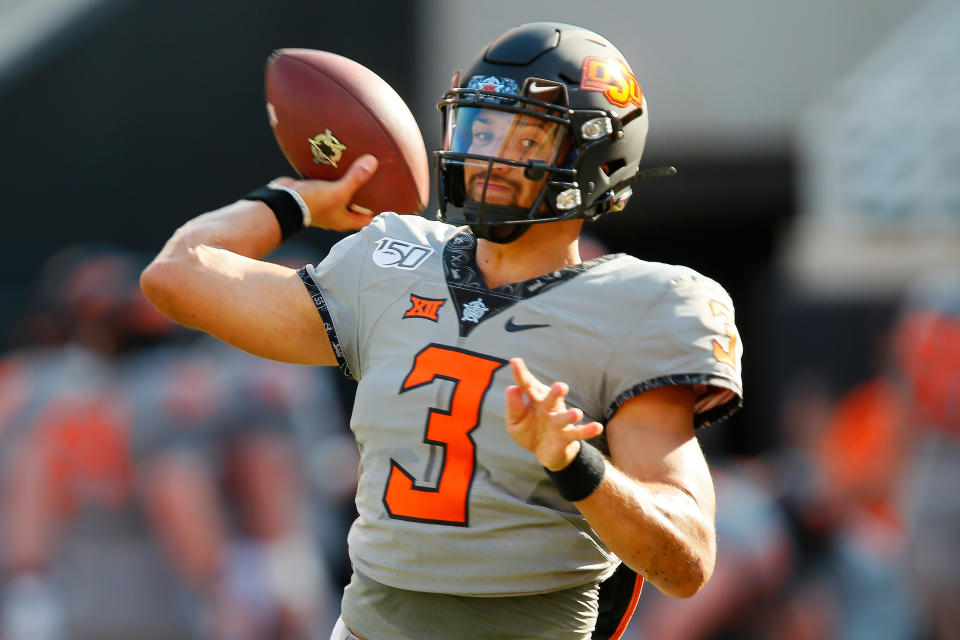 STILLWATER, OK - SEPTEMBER 7:  Quarterback Spencer Sanders #3 of the Oklahoma State Cowboys warms up before a game against the McNeese State Cowboys on September 7, 2019 at Boone Pickens Stadium in Stillwater, Oklahoma. (Photo by Brian Bahr/Getty Images)