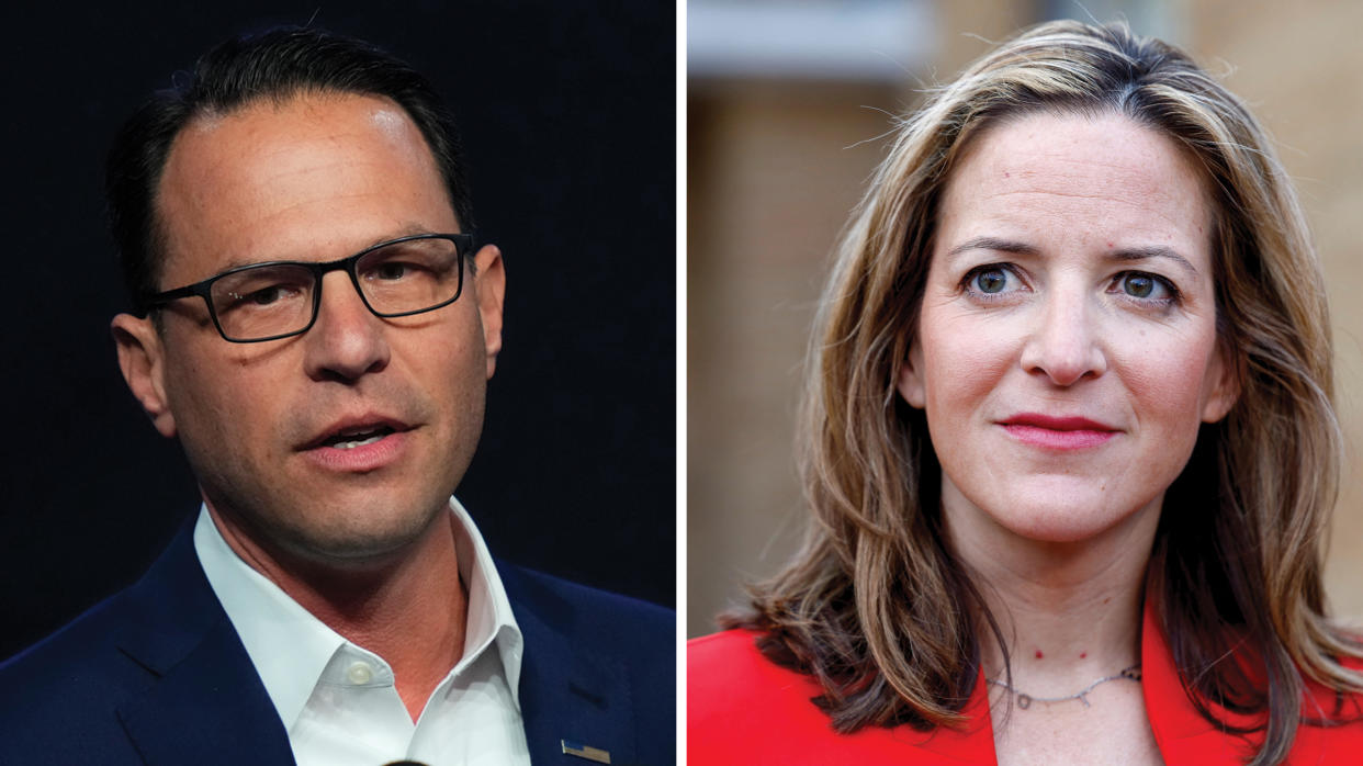 Democratic gubernatorial candidate, Pennsylvania Attorney General Josh Shapiro speaks at a campaign rally in Philadelphia, Nov. 5, 2022; Michigan Secretary of State, Jocelyn Benson speaks to the media after voting in Michigan, Nov. 8, 2022.