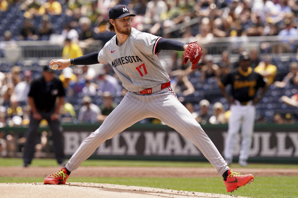 Minnesota Twins starting pitcher Bailey Ober delivers during the first inning of a baseball game against the Pittsburgh Pirates, Sunday, June 9, 2024, in Pittsburgh. (AP Photo/Matt Freed)