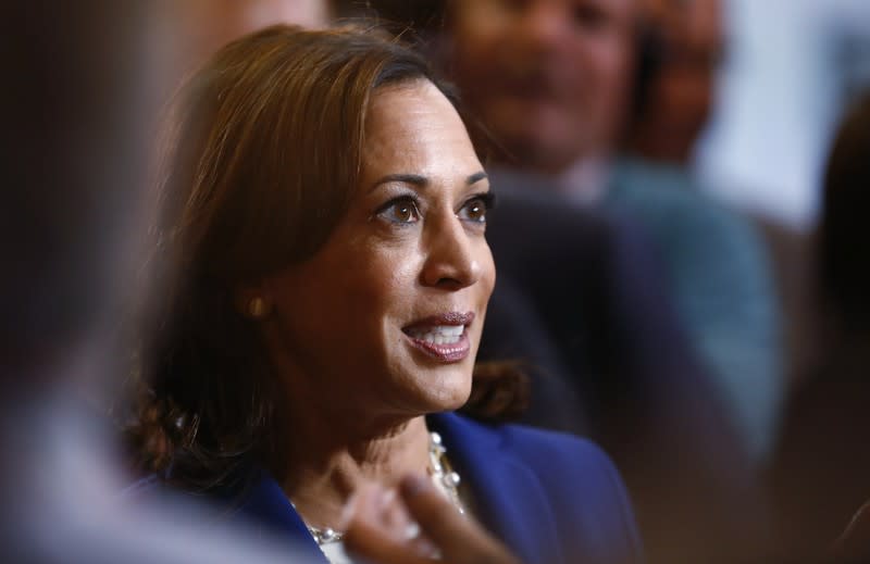 FILE PHOTO: Democratic presidential candidate Senator Kamala Harris arrives in the Spin Room to talk to reporters after the conclusion of the fourth Democratic U.S. 2020 presidential election debate at Otterbein University in Westerville, Ohio