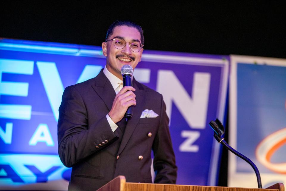 Desert Community College candidate Ruben Perez speaks during an election night gathering in Coachella, Calif., on Tuesday, Nov. 8, 2022. 