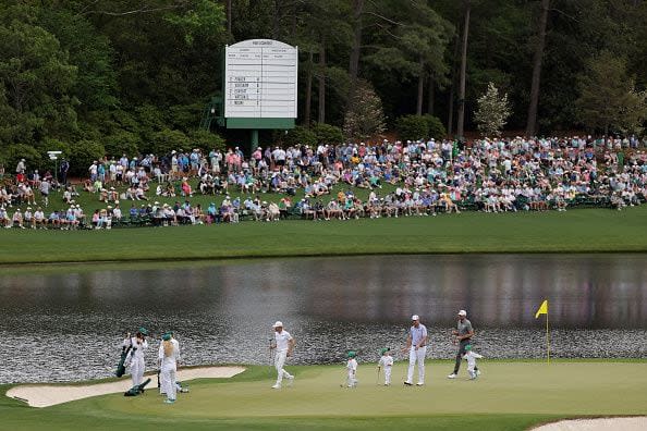 AUGUSTA, GEORGIA - APRIL 10: Camilo Villegas of Colombia, Luke List of the United States and Keegan Bradley of the United States walk off the third green during the Par Three Contest prior to the 2024 Masters Tournament at Augusta National Golf Club on April 10, 2024 in Augusta, Georgia. (Photo by Jamie Squire/Getty Images) (Photo by Jamie Squire/Getty Images)