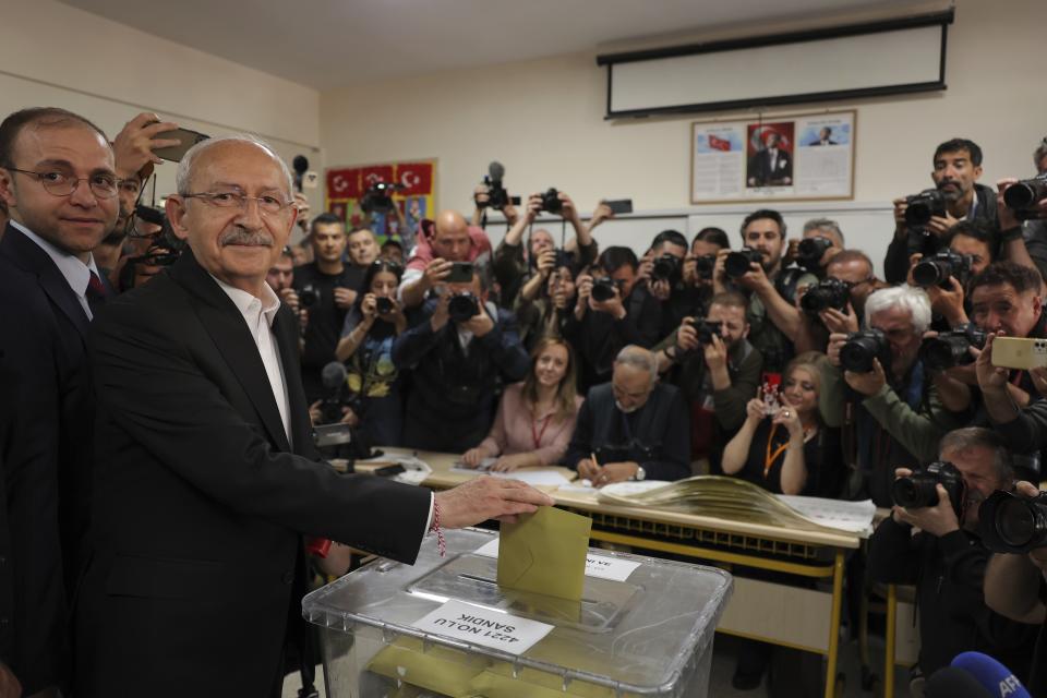 Kemal Kilicdaroglu, the 74-year-old leader of the center-left, pro-secular Republican People's Party, or CHP, votes at a polling station in Ankara, Turkey, Sunday, May 14, 2023. Voters in Turkey are heading to the polls on Sunday for landmark parliamentary and presidential elections that are expected to be tightly contested and could be the biggest challenge Turkish President Recep Tayyip Erdogan faces in his two decades in power. (AP Photo)