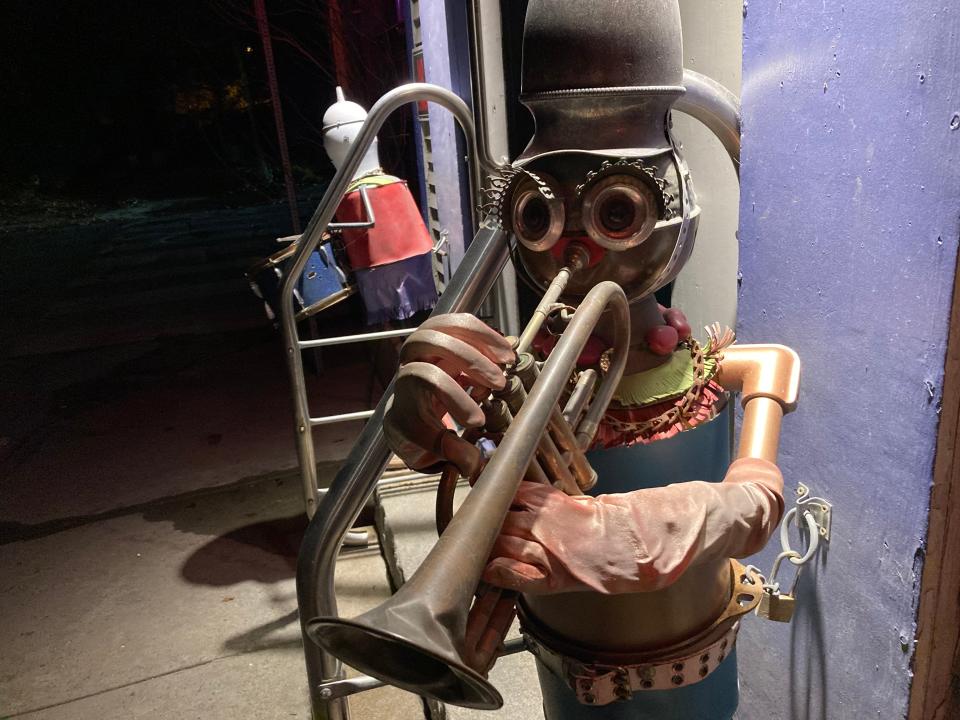 A trumpet-playing figurine greets visitors outside Bent Nails Bistro in Montpelier on Oct. 26, 2023.