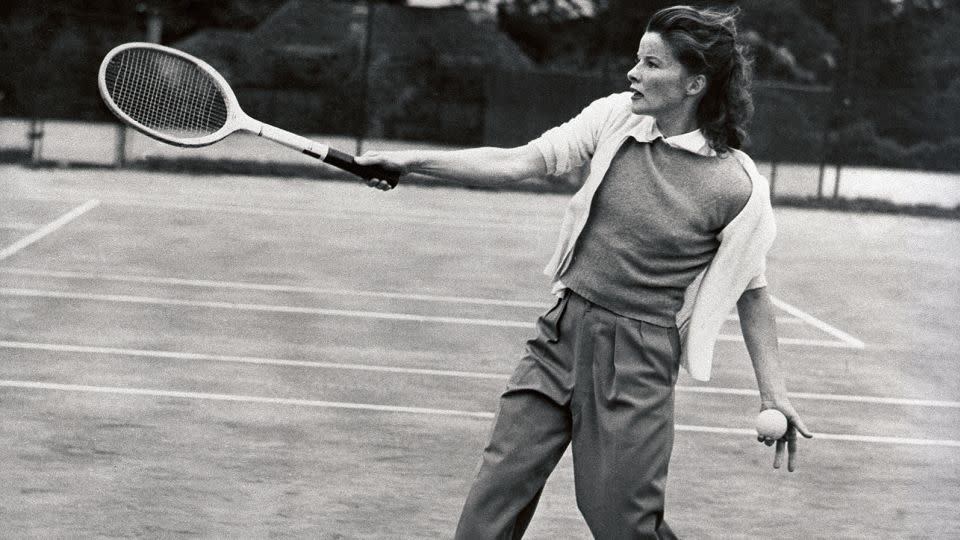 Katharine Hepburn plays a friendly game of tennis at the Marion Cricket Club in Haverford, Pennsylvania.  - Batman Archive/Getty Images