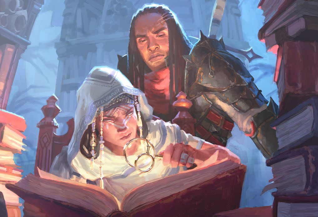  Two adventurers pore over a tome. 