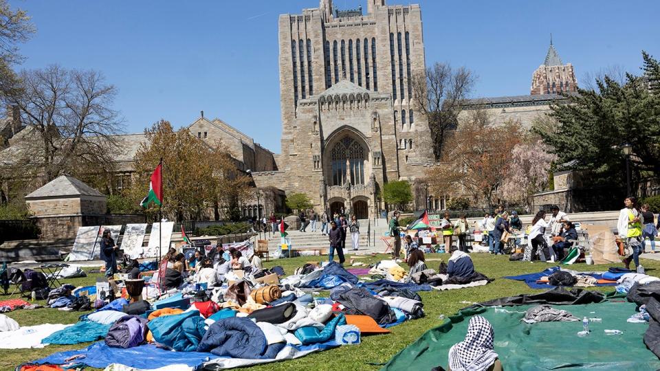 <div>Yale University students reoccupy a central lawn on campus and establish a second Gaza Solidarity camp after the first tents were taken down by campus police, April 26, 2024, in New Haven, Connecticut. (Photo by Andrew Lichtenstein/Corbis via Getty Images)</div>