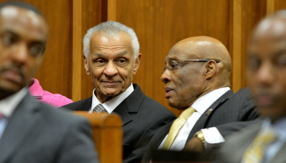 Civil Rights activists the Rev C. T. Vivian, left, and Willie Bolden listen to attorneys for Bernice King and the Estate of Dr. Martin Luther King Jr. Inc ., as they appear in Fulton County Superior Court on Wednesday, Feb. 19, 2014, in Atlanta. It is first hearing in the case that has pitted brothers Martin Luther King III and Dexter King against Bernice King over the possession of MLK's Nobel Peace Prize and traveling Bible. The brothers are seeking a restraining order against their sister, Bernice. (AP Photo/Atlanta Journal-Constitution, Kent D. Johnson) MARIETTA DAILY OUT; GWINNETT DAILY POST OUT; LOCAL TV OUT; WXIA-TV OUT; WGCL-TV OUT.