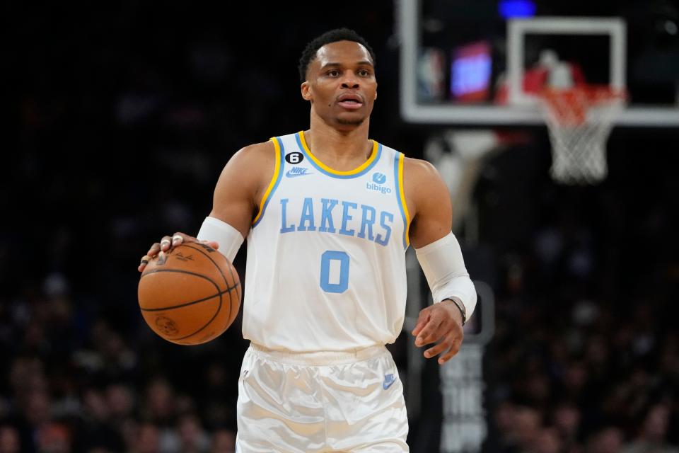 Los Angeles Lakers' Russell Westbrook (0) looks to pass during the second half of an NBA basketball game against the New York Knicks Tuesday, Jan. 31, 2023, in New York. (AP Photo/Frank Franklin II)