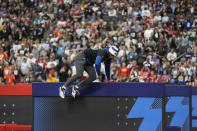 NFC defensive end Brian Burns (53) of the Carolina Panthers competes in the gridiron gauntlet event at the NFL Pro Bowl, Sunday, Feb. 5, 2023, in Las Vegas. (AP Photo/John Locher)